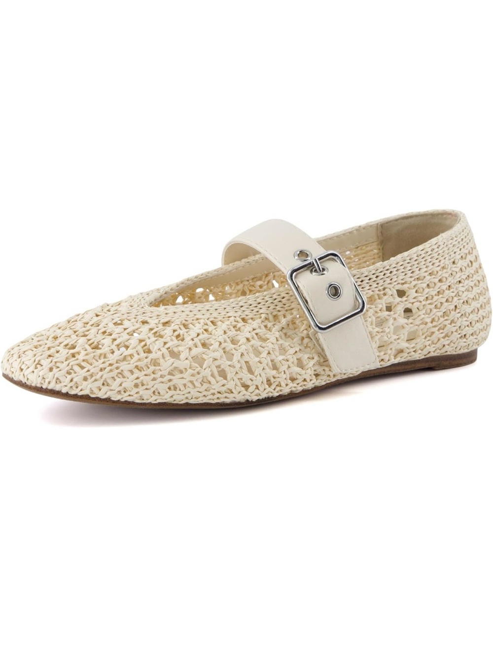 Cream Woven Mary Jane Flat with Buckle Strap